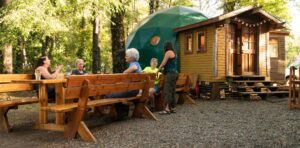 Communal hangout dome and benchs at Pucon Kayak Retreat