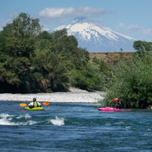 Beginner Kayaking in Chile with view of volcano