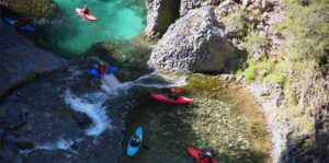 Kayaking Chile waterfalls in the Rio Claro basalt canyons.